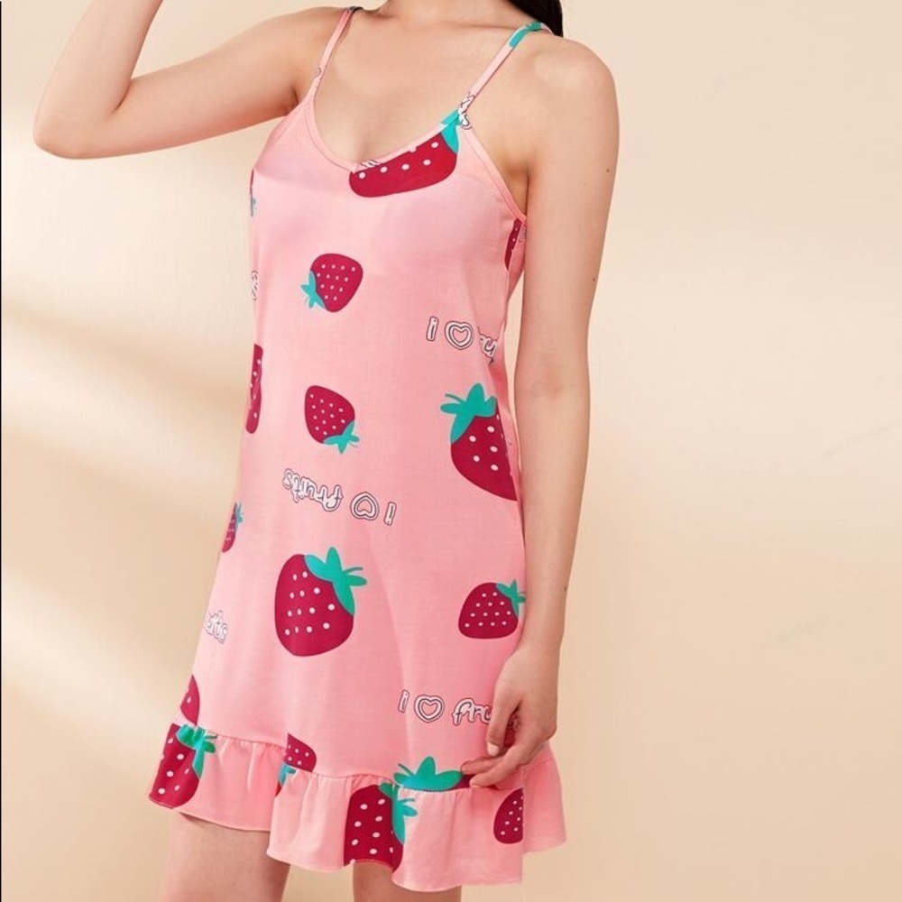New Pink Strawberry Ruffle Cami Nightgown​ - Picture 4 of 6